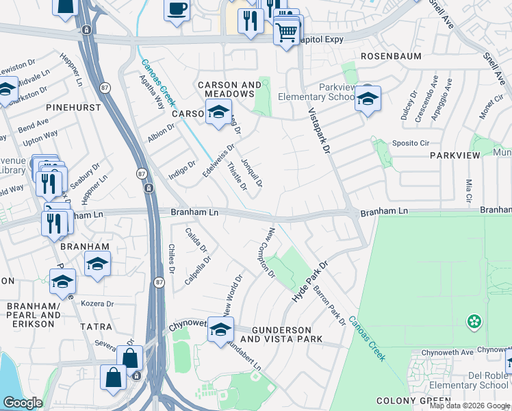 map of restaurants, bars, coffee shops, grocery stores, and more near 4576 Jonquil Drive in San Jose
