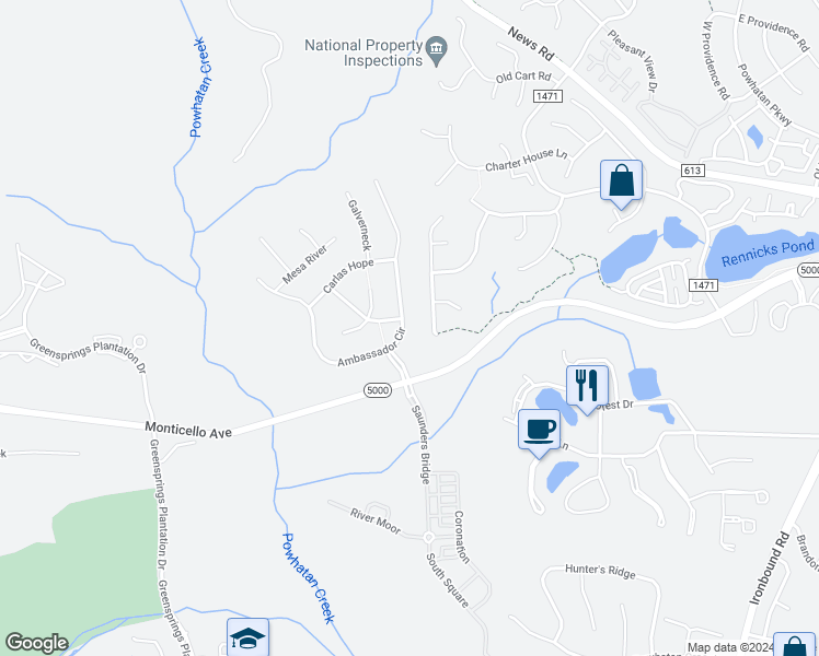 map of restaurants, bars, coffee shops, grocery stores, and more near 4012 Ambassador Circle in Williamsburg