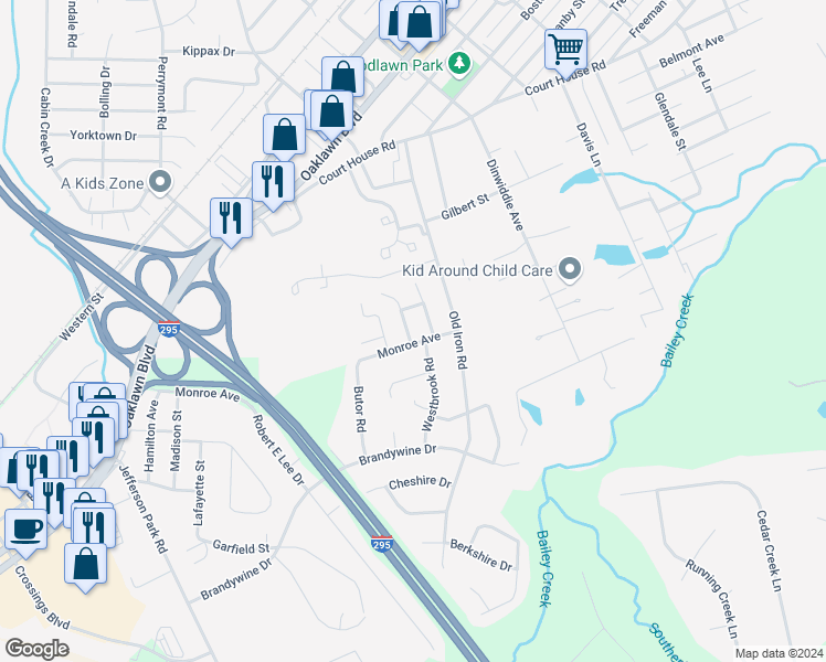 map of restaurants, bars, coffee shops, grocery stores, and more near 1707 Bexley Drive in Hopewell