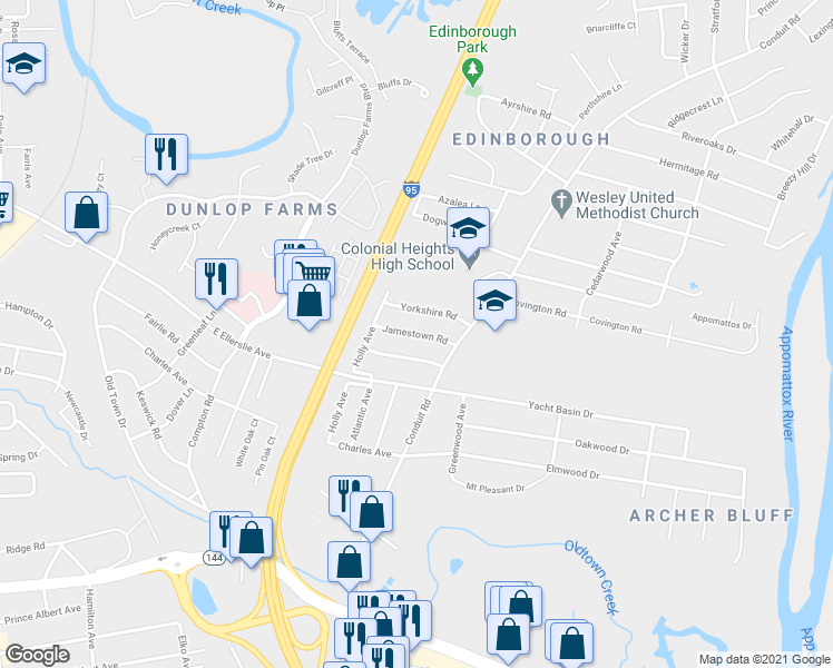 map of restaurants, bars, coffee shops, grocery stores, and more near Jamestown Road in Colonial Heights