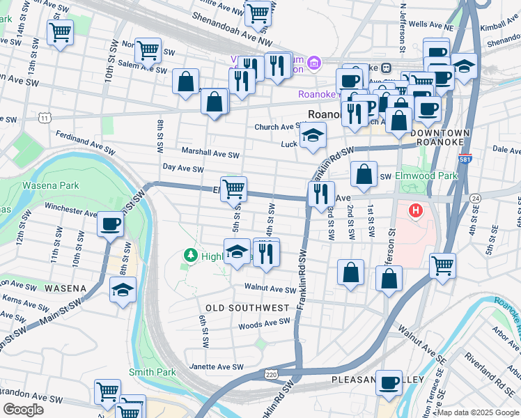 map of restaurants, bars, coffee shops, grocery stores, and more near 413 Mountain Avenue Southwest in Roanoke