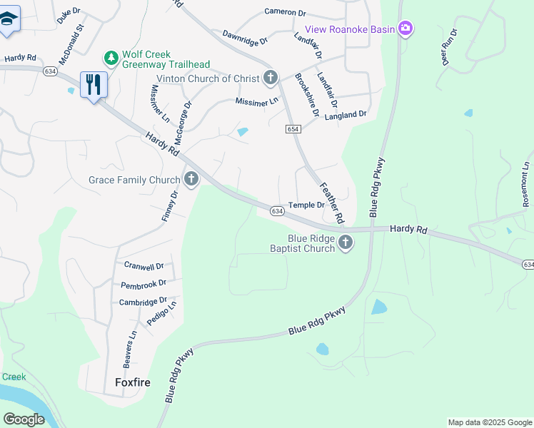 map of restaurants, bars, coffee shops, grocery stores, and more near 2231 Hardy Road in Vinton
