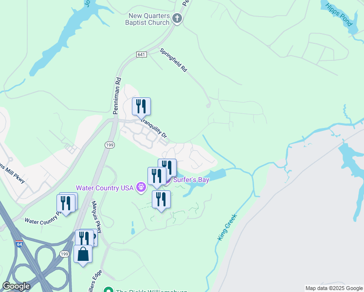 map of restaurants, bars, coffee shops, grocery stores, and more near 111 Duck Blind Way in Williamsburg