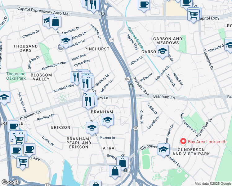 map of restaurants, bars, coffee shops, grocery stores, and more near 4517 Carnaby Court in San Jose