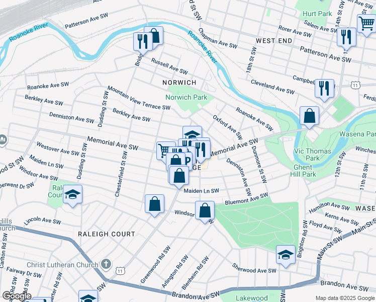 map of restaurants, bars, coffee shops, grocery stores, and more near 1210 Amherst Street Southwest in Roanoke