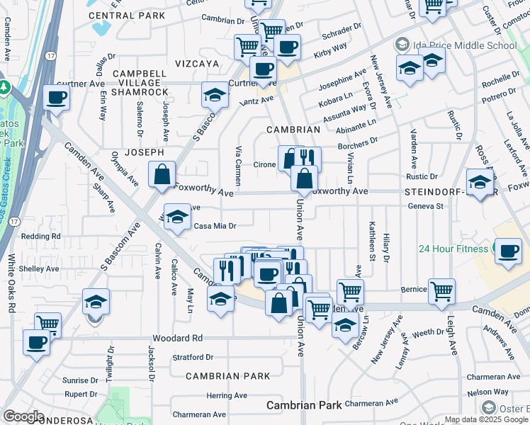 map of restaurants, bars, coffee shops, grocery stores, and more near 2064 Willester Avenue in San Jose