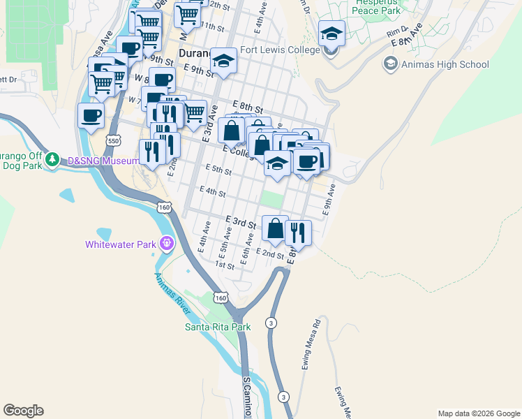 map of restaurants, bars, coffee shops, grocery stores, and more near 362 East 6th Avenue in Durango