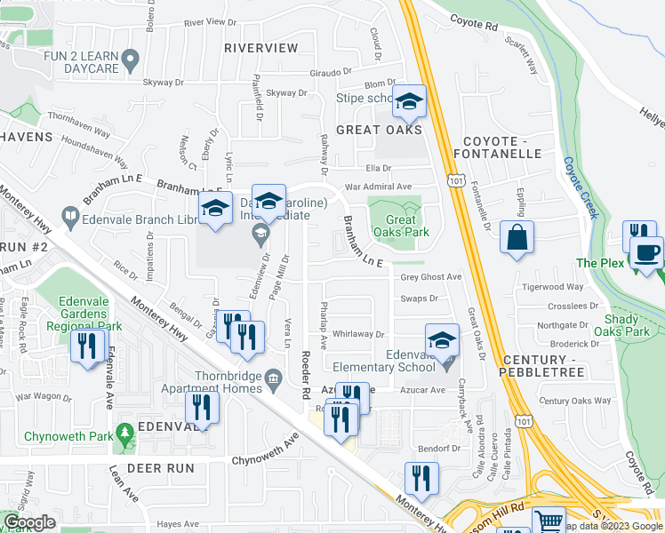 map of restaurants, bars, coffee shops, grocery stores, and more near 305 Grey Ghost Avenue in San Jose