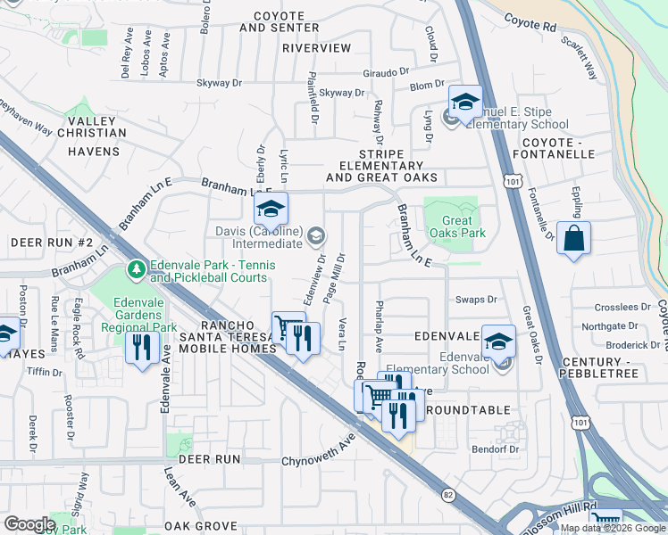 map of restaurants, bars, coffee shops, grocery stores, and more near 5052 Edenview Drive in San Jose