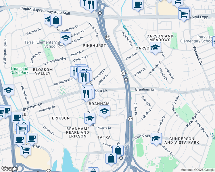 map of restaurants, bars, coffee shops, grocery stores, and more near 4517 Carnaby Court in San Jose
