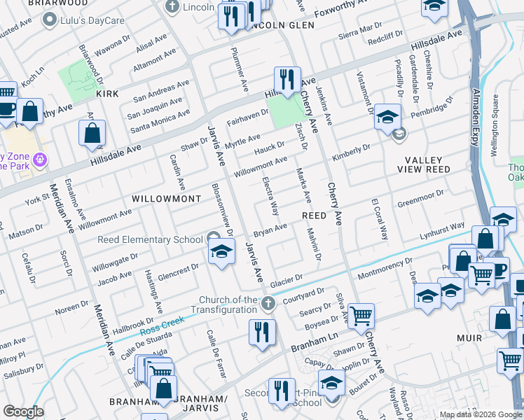 map of restaurants, bars, coffee shops, grocery stores, and more near 3820 Quinlan Lane in San Jose