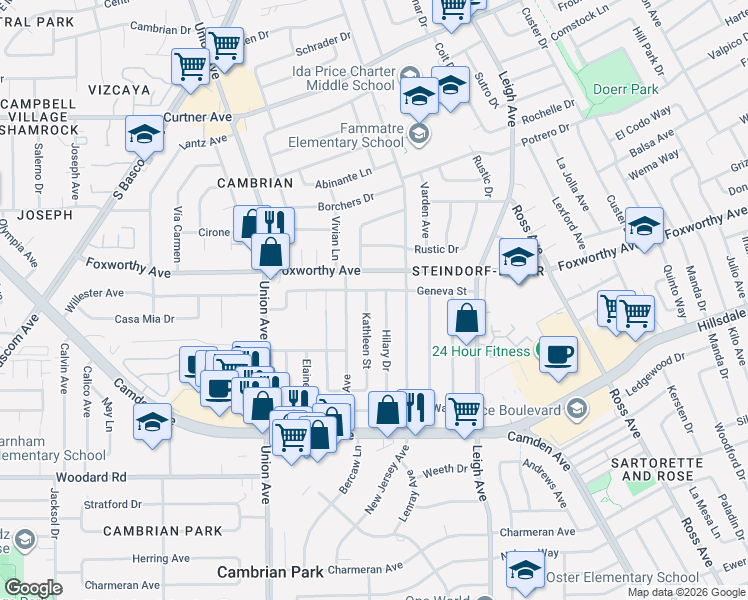 map of restaurants, bars, coffee shops, grocery stores, and more near 3139 Kathleen Street in San Jose