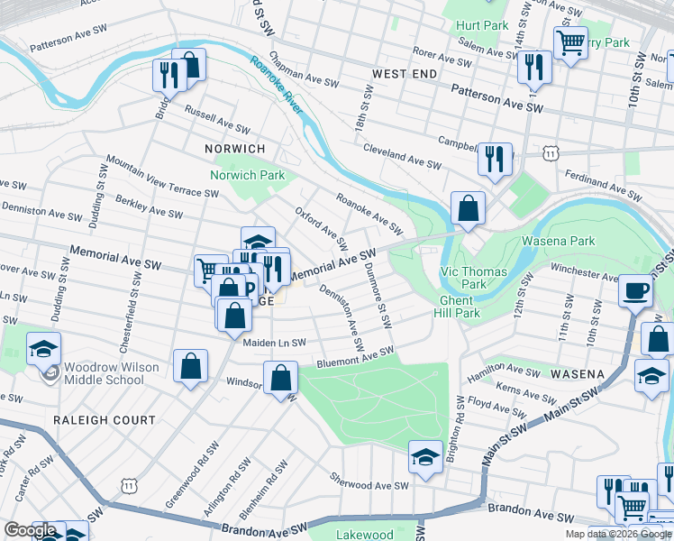 map of restaurants, bars, coffee shops, grocery stores, and more near 1631-1635 Hampton Avenue Southwest in Roanoke