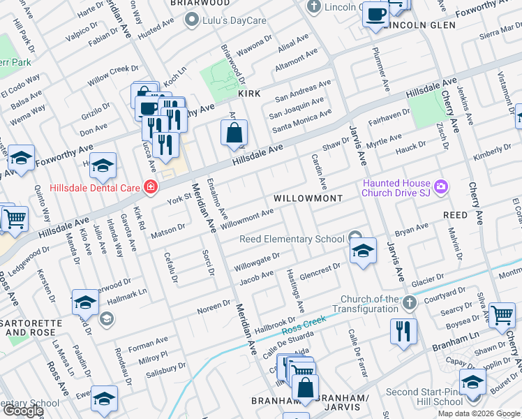 map of restaurants, bars, coffee shops, grocery stores, and more near 1575 Willowmont Avenue in San Jose