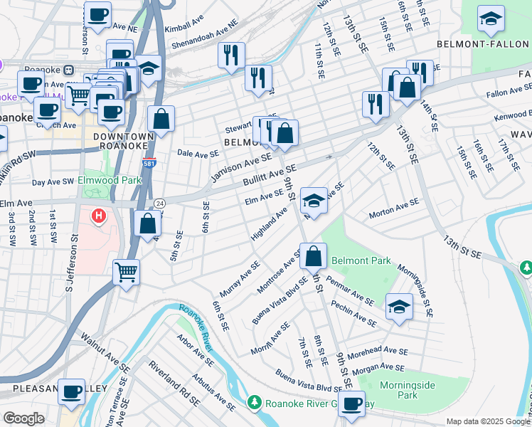 map of restaurants, bars, coffee shops, grocery stores, and more near 732 Mountain Avenue Southeast in Roanoke