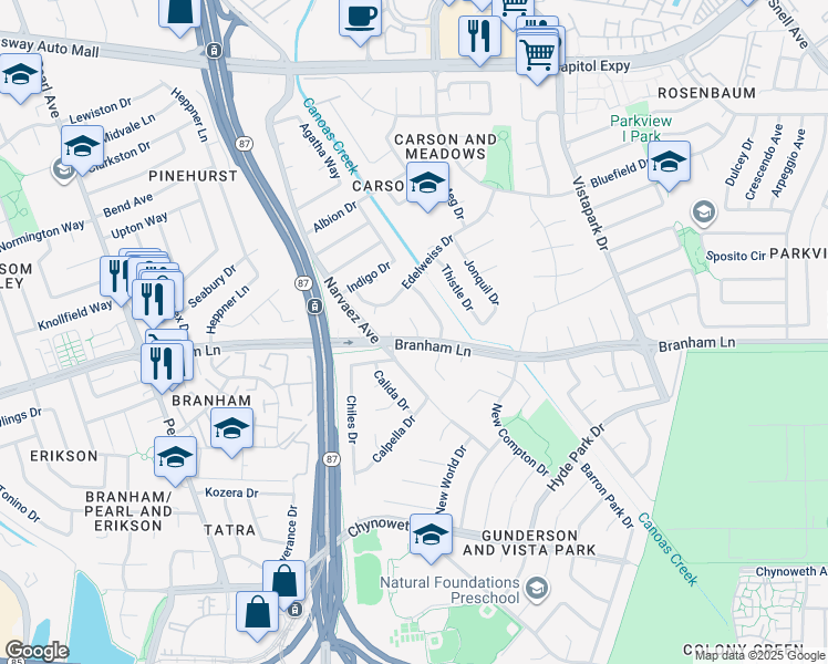 map of restaurants, bars, coffee shops, grocery stores, and more near 4533 Britwell Court in San Jose