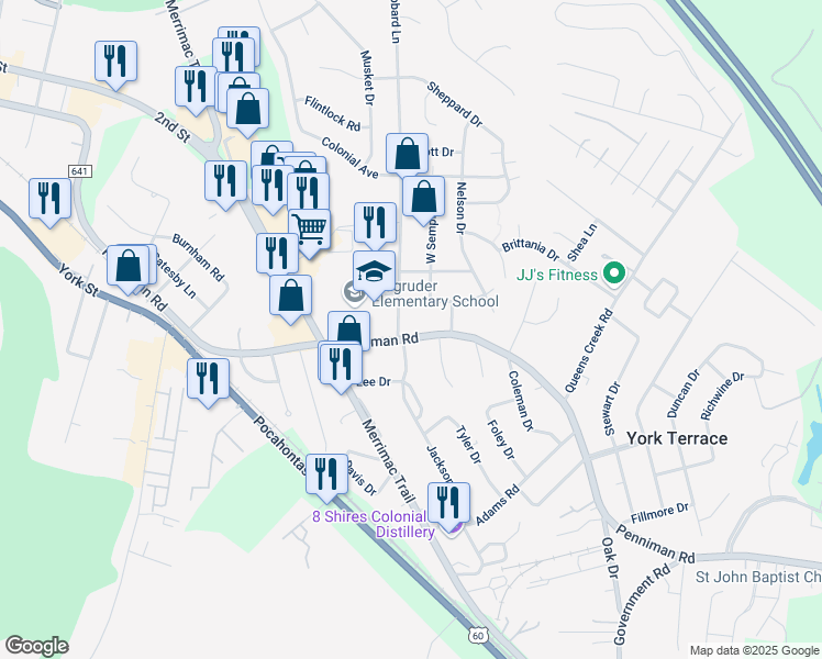 map of restaurants, bars, coffee shops, grocery stores, and more near 802 Penniman Road in Williamsburg