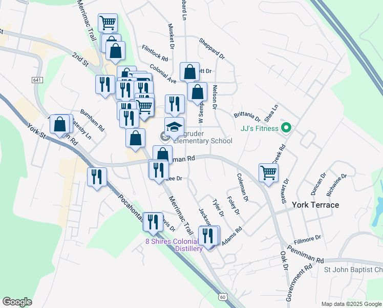 map of restaurants, bars, coffee shops, grocery stores, and more near 802 Penniman Road in Williamsburg