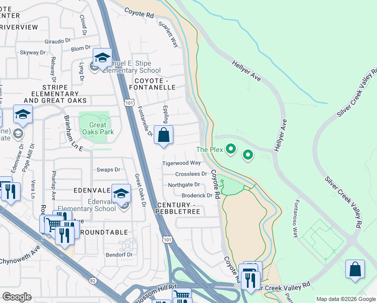 map of restaurants, bars, coffee shops, grocery stores, and more near 5188 Calicowood Place in San Jose