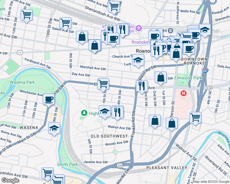 map of restaurants, bars, coffee shops, grocery stores, and more near 413 Mountain Avenue Southwest in Roanoke