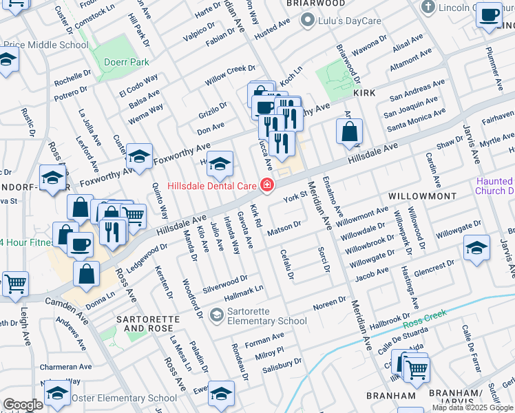 map of restaurants, bars, coffee shops, grocery stores, and more near 3310 Kirk Road in San Jose