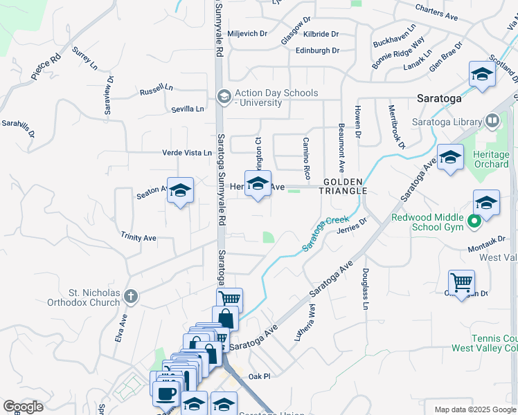 map of restaurants, bars, coffee shops, grocery stores, and more near 20300 Herriman Avenue in Saratoga