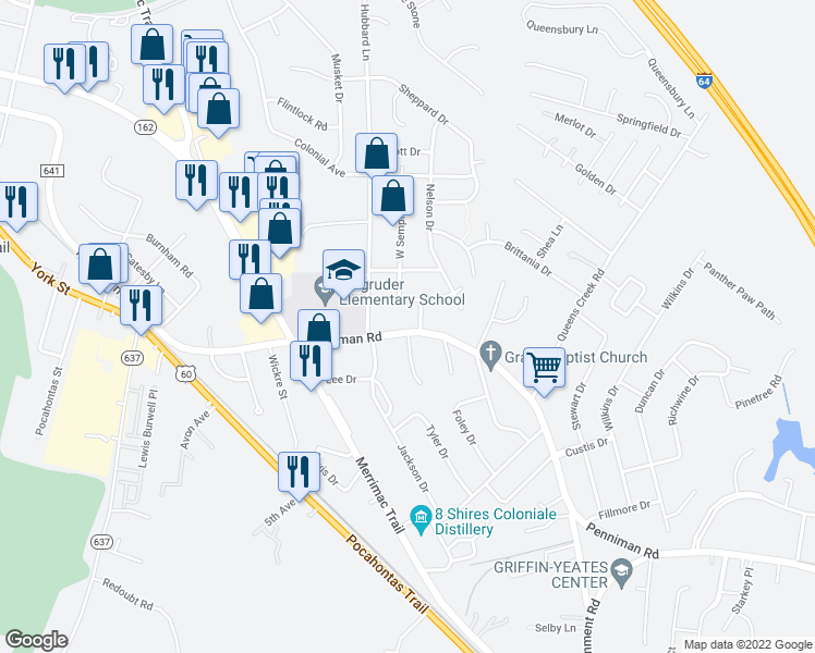 map of restaurants, bars, coffee shops, grocery stores, and more near 810 Penniman Road in Williamsburg