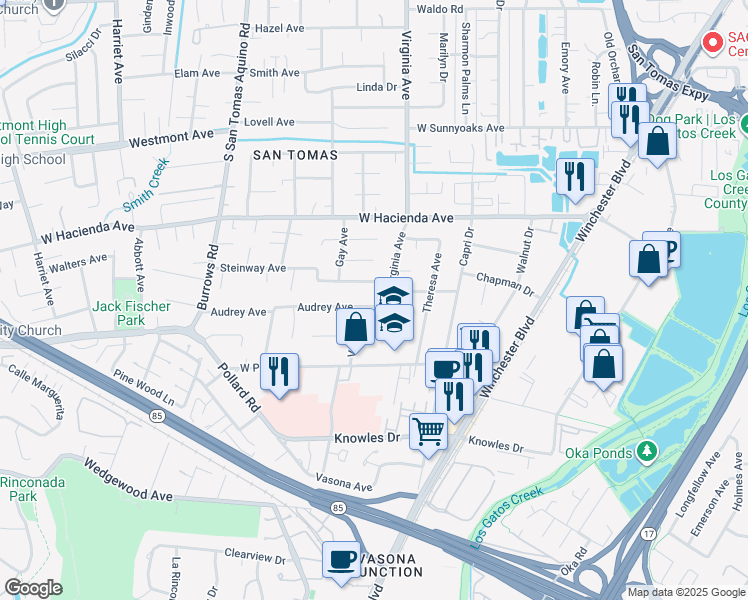 map of restaurants, bars, coffee shops, grocery stores, and more near 993 Audrey Avenue in Campbell