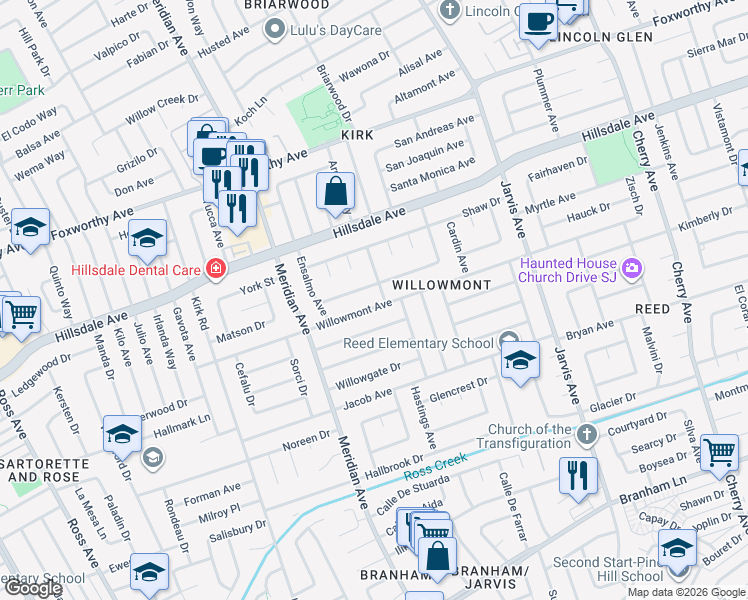 map of restaurants, bars, coffee shops, grocery stores, and more near 1575 Willowmont Avenue in San Jose