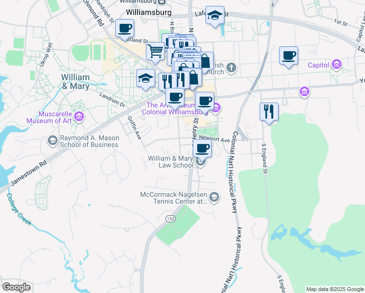 map of restaurants, bars, coffee shops, grocery stores, and more near 509 South Boundary Street in Williamsburg