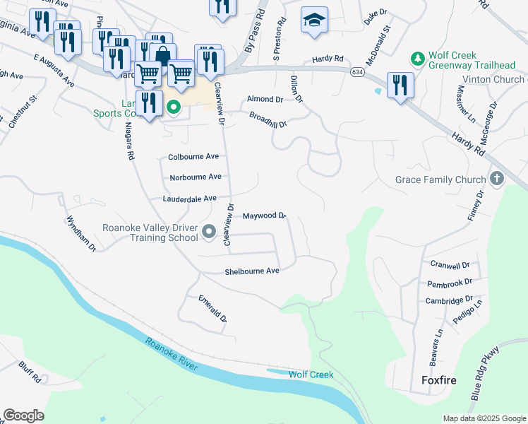 map of restaurants, bars, coffee shops, grocery stores, and more near 1054 Maywood Drive in Vinton