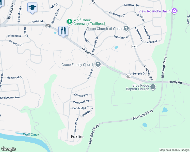 map of restaurants, bars, coffee shops, grocery stores, and more near 1519 Muse Drive in Vinton
