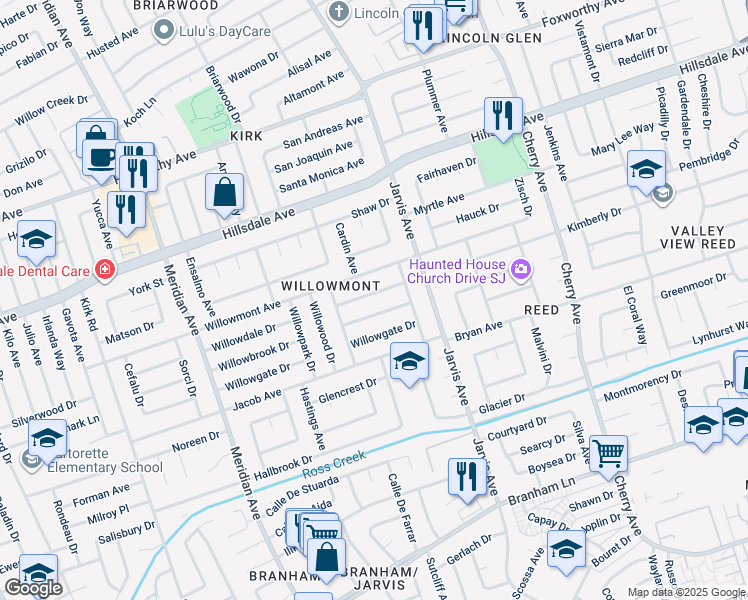 map of restaurants, bars, coffee shops, grocery stores, and more near 1528 Willowdale Drive in San Jose