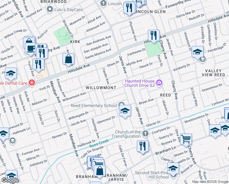 map of restaurants, bars, coffee shops, grocery stores, and more near 1528 Willowdale Drive in San Jose