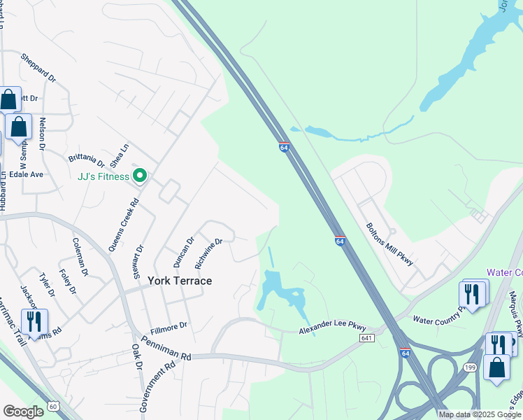 map of restaurants, bars, coffee shops, grocery stores, and more near 126 Panther Paw Path in Williamsburg