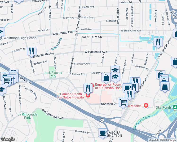 map of restaurants, bars, coffee shops, grocery stores, and more near 1501 Oburn Court in Campbell