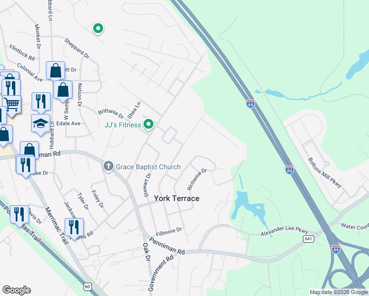 map of restaurants, bars, coffee shops, grocery stores, and more near 1094 Wilkins Drive in Williamsburg
