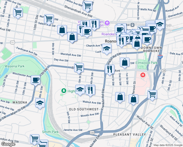 map of restaurants, bars, coffee shops, grocery stores, and more near 813 4th Street Southwest in Roanoke