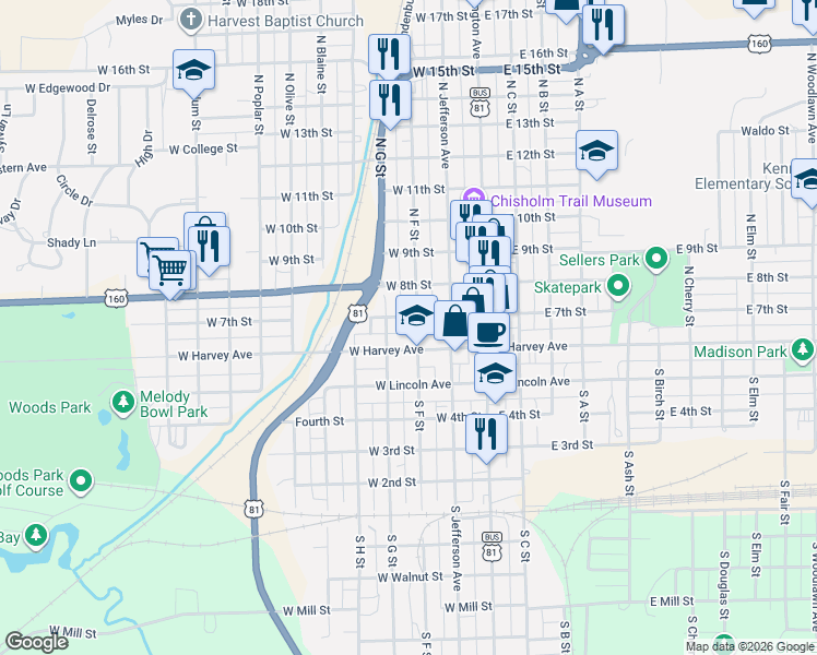 map of restaurants, bars, coffee shops, grocery stores, and more near 323 West Harvey Avenue in Wellington