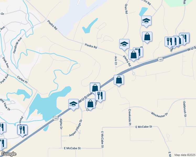 map of restaurants, bars, coffee shops, grocery stores, and more near 334 East Golf Place in Pagosa Springs