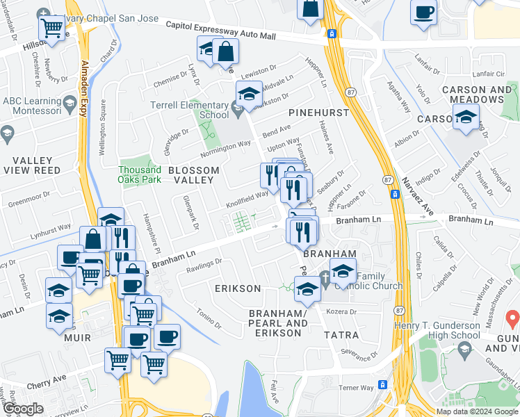 map of restaurants, bars, coffee shops, grocery stores, and more near 872 Canfield Court in San Jose