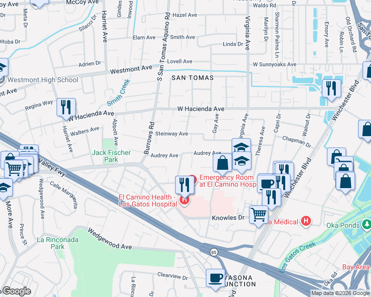 map of restaurants, bars, coffee shops, grocery stores, and more near 1501 Oburn Court in Campbell