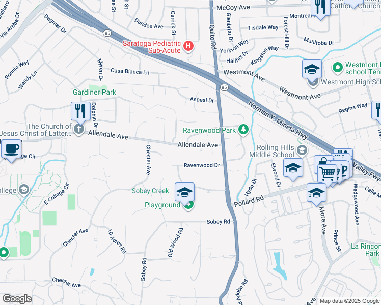 map of restaurants, bars, coffee shops, grocery stores, and more near 18603 Ravenwood Drive in Saratoga
