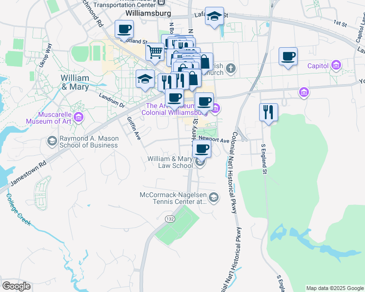 map of restaurants, bars, coffee shops, grocery stores, and more near 509 South Boundary Street in Williamsburg