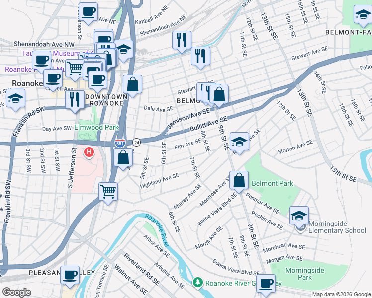 map of restaurants, bars, coffee shops, grocery stores, and more near 624 Mountain Avenue Southeast in Roanoke