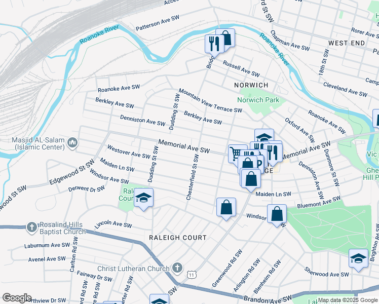 map of restaurants, bars, coffee shops, grocery stores, and more near 2215 Westover Avenue Southwest in Roanoke