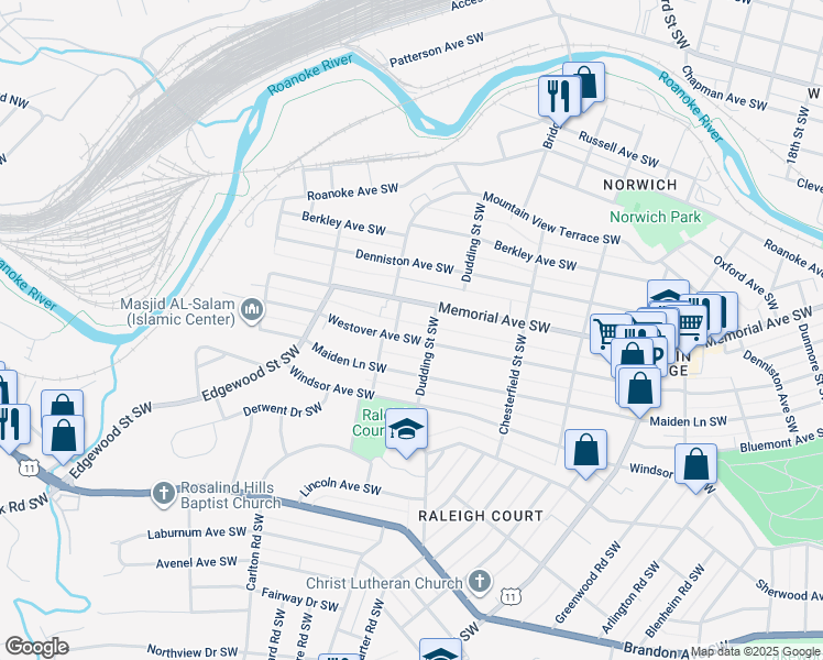 map of restaurants, bars, coffee shops, grocery stores, and more near 2317 Westover Avenue Southwest in Roanoke