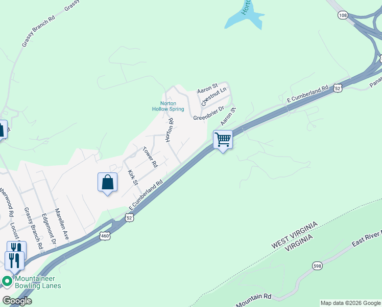 map of restaurants, bars, coffee shops, grocery stores, and more near 4486 E Cumberland Rd in Bluefield