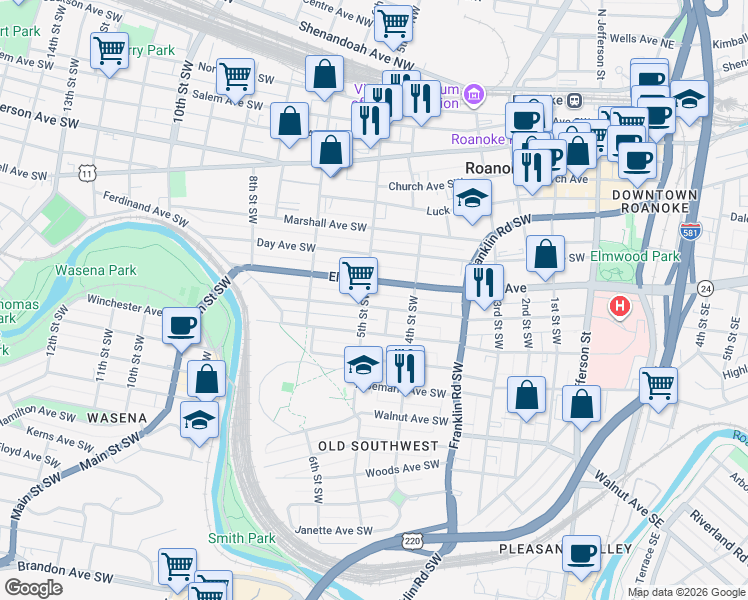 map of restaurants, bars, coffee shops, grocery stores, and more near 430 Mountain Avenue Southwest in Roanoke