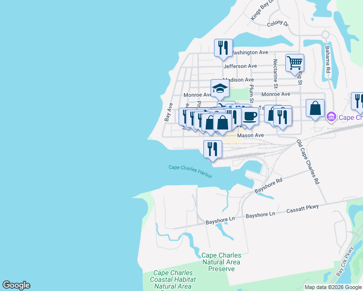 map of restaurants, bars, coffee shops, grocery stores, and more near 3 Mason Avenue in Cape Charles